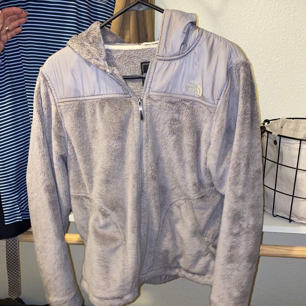 Grey Fuzzy Northface with hood